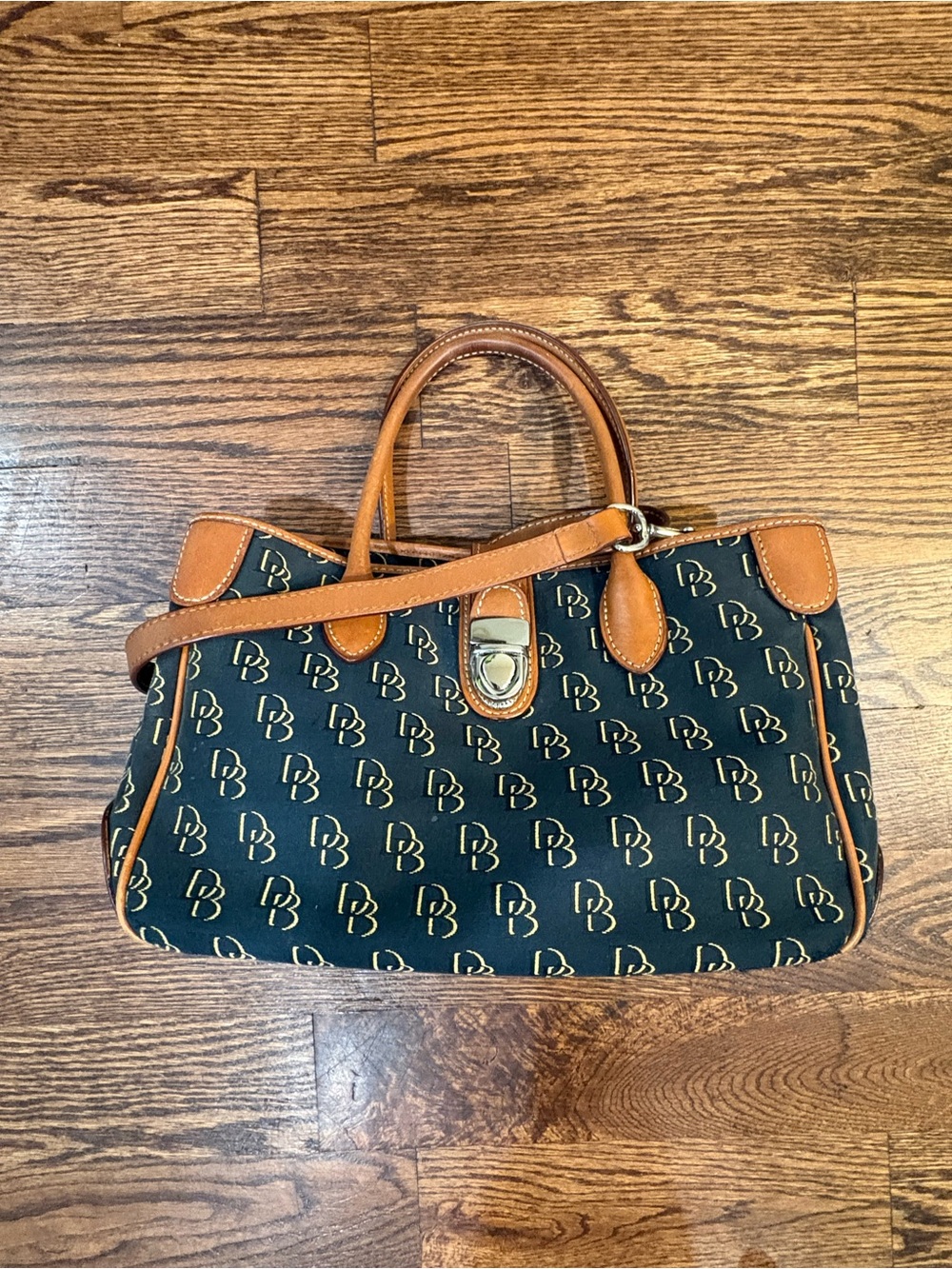 Dooney & Bourke Navy and Tan Logo Satchel with Shoulder Strap